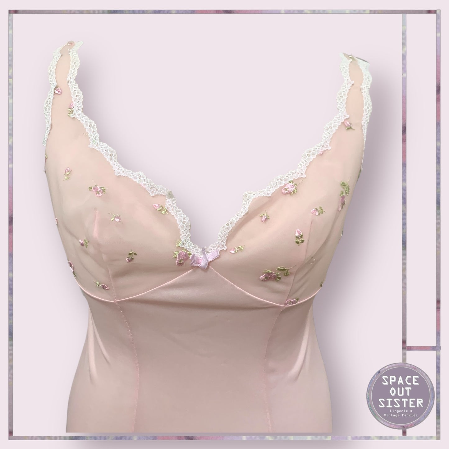 Vintage Pink Embroidered Flower Slip