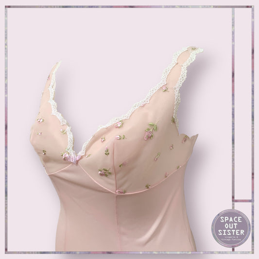 Vintage Pink Embroidered Flower Slip