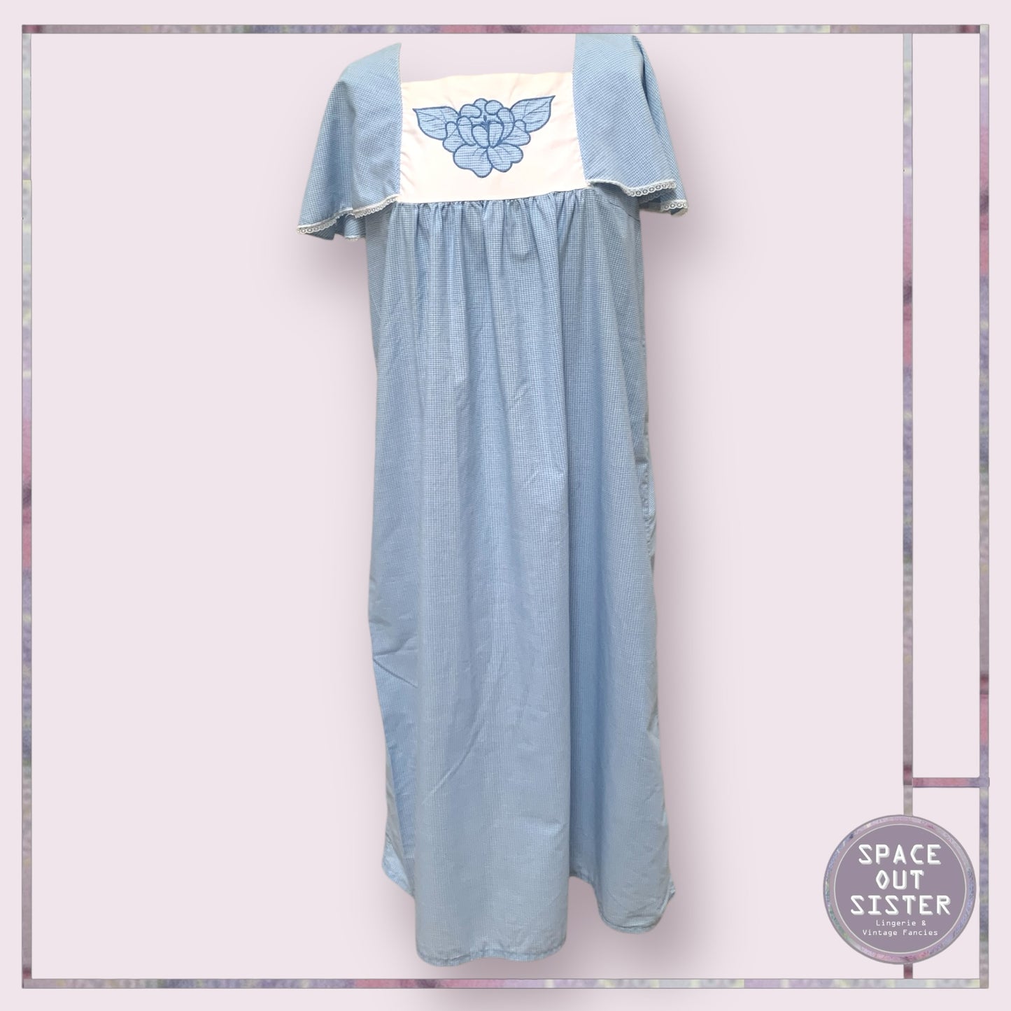 Vintage Gingham Blue Cotton Nightdress