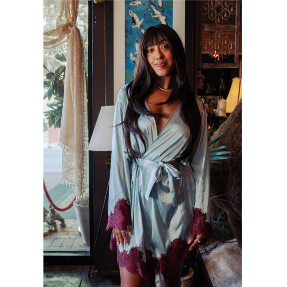 New Icy Blue & Pinot Satin Short Robe by Kilo Brava