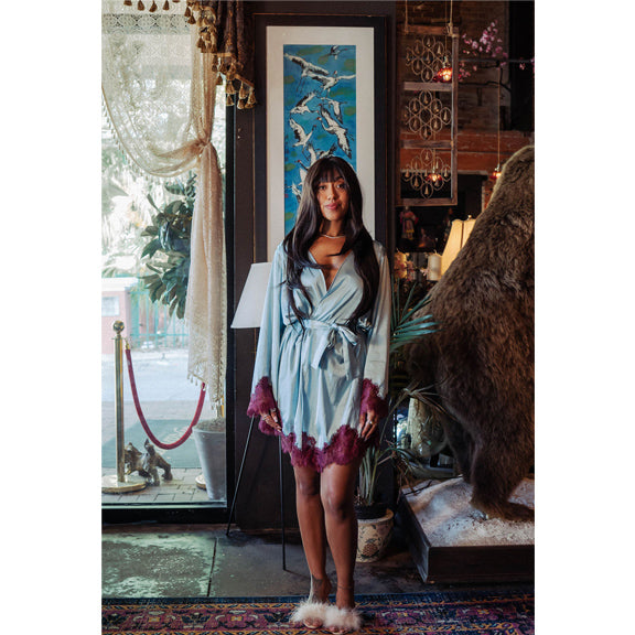 New Icy Blue & Pinot Satin Short Robe by Kilo Brava